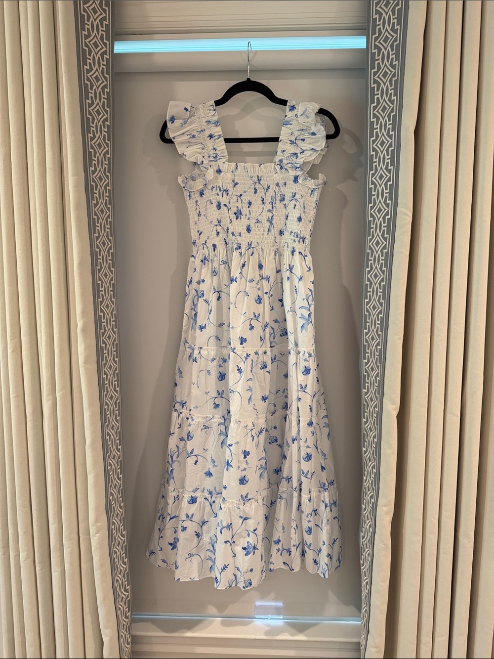 Smocked Ruffle-Strap Midi Dress in White with Blue Floral